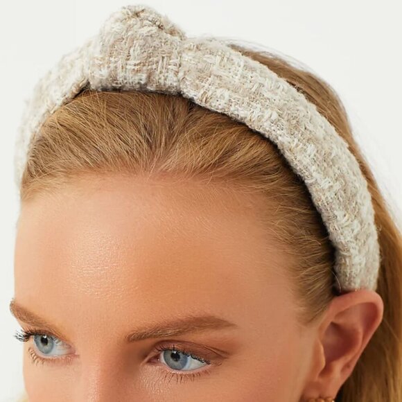 RARE Lele Sadoughi Timeless Beige Tweed Slim Knotted Headband Gold Logo NWOT - Picture 2 of 9